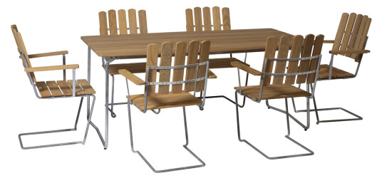 Grythyttan Stålmöbler B31 spisegruppe Oljert eik/galvanisert stål 6 lenestoler & bord 170 x 92 cm