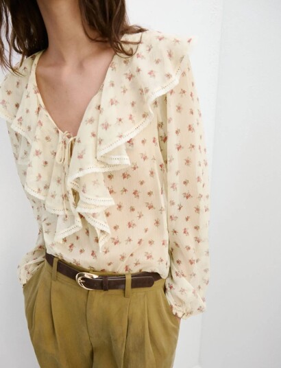 Mango Ruffled Floral Blouse Yellow L