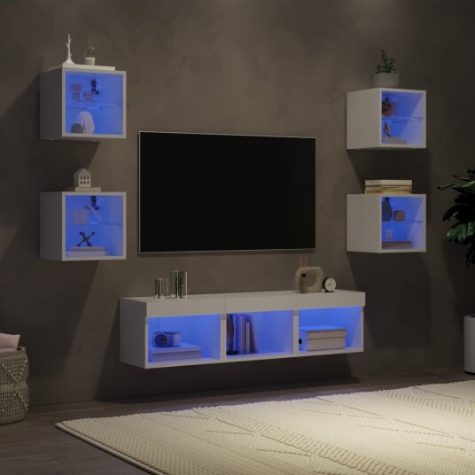 vidaXL Vegghengte TV-enheter 7 deler hvit konstruert tre 8721012469983