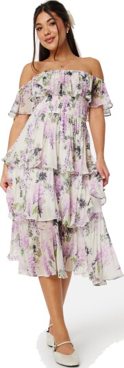 Goddiva Floral Bardot Pleated Midi Dress