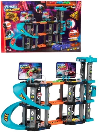 Turbo Racers Parkeringshus Med Heis Utskyter Og 3 Biler Turbo Racers Parkeringshus Med Heis Utskyter Og 3 Biler