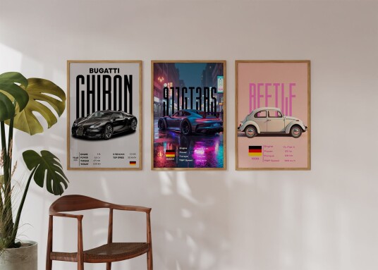 Plakat Bugatti Chiron og mer / Sett med 3 Plakat Bugatti Chiron og mer / Sett med 3