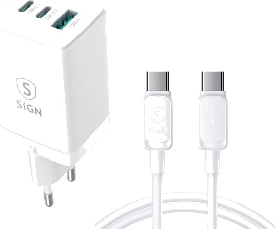 SiGN Hurtiglader til Bærbar PC 65W 2xUSB-C 1xUSB-A USB-C-kabel 3m Hvit SN-USBC-UNI-65W