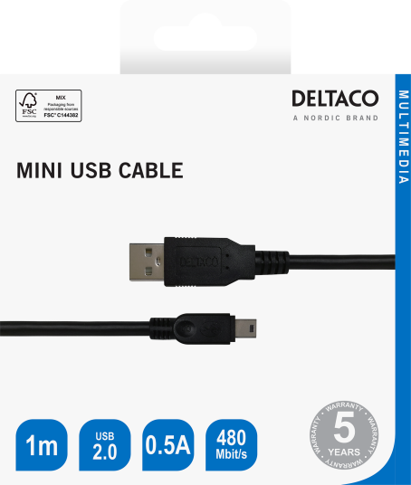 DELTACO USB 2.0 mini B cable, suitable for DSLR cameras, 1m black