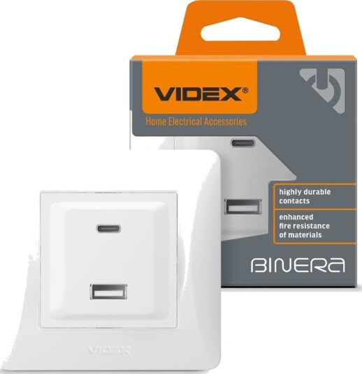 Videx Binera stikkontakt med USB-A + USB-C PD20W - Hvit, innfelt, 16A, IP20 Videx Binera stikkontakt med USB-A + USB-C PD20W - Hvit, innfelt, 16A, IP20