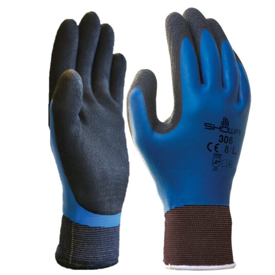 Showa 306 sømløse arbeidshansker i polyester, blå/svarte, 1 par 7/M Showa 306 sømløse arbeidshansker i polyester, blå/svarte, 1 par 7/M