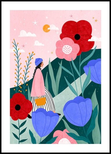 Woman Walking in Flower Garden Plakat / 40x50cm