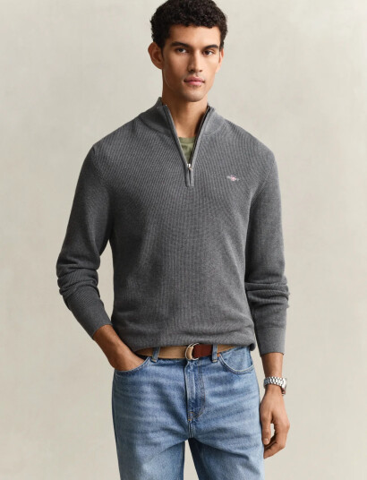 GANT Micro Textured Cotton Half Zip   Grey   L