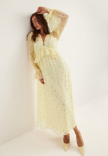 Bubbleroom Occasion Frill L/S Chiffon Midi Dress