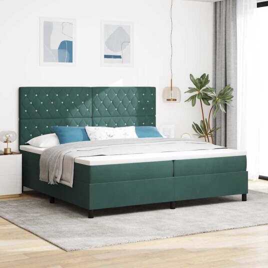  Box Spring Seng med Madrass og LED Mørkegrønn 200x200 cm Fløyel