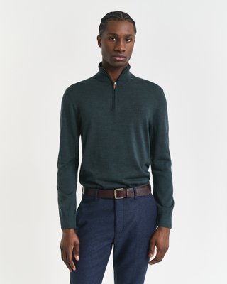 Gant Ekstra fin merinoullgenser med halv glidelås TARTAN GREEN XXXL