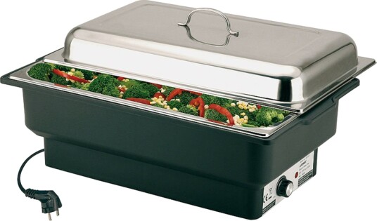 APS Elektrisk chafing dish GN 1/1 ; GN 1/1, 8.5 l, 57x35x28 cm (BxDxH); Sølvfarge; Rektangulær APS Elektrisk chafing dish GN 1/1 ; GN 1/1, 8.5 l, 57x35x28 cm (BxDxH); Sølvfarge; Rektangulær