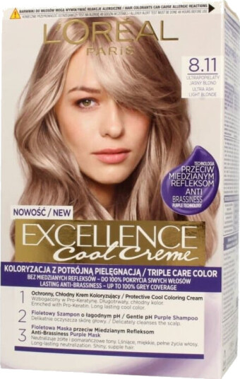 L'Oreal Paris Loreal Excellence Cool Creme Creme fargelegging 8.11 Ultra Ash Lys Blond 1 pakke. L'Oreal Paris Loreal Excellence Cool Creme Creme fargelegging 8.11 Ultra Ash Lys Blond 1 pakke.