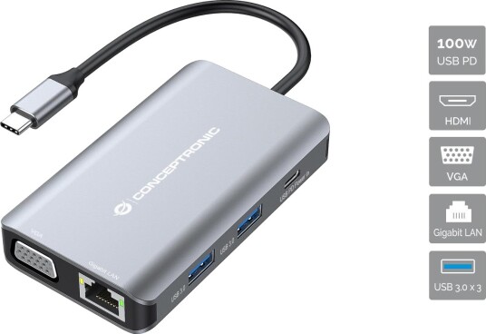 Conceptronic 7 I 1 Dock Usb C Til Hdmi/3Xusb A/Vga/+ 25 Cm Conceptronic 7 I 1 Dock Usb C Til Hdmi/3Xusb A/Vga/+ 25 Cm