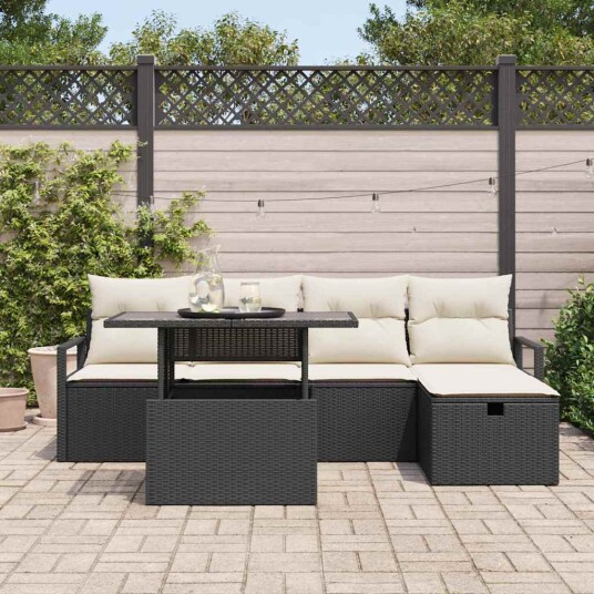 vidaXL Hagesofa Set med pute med lagring 6 pcs Svart Poly rattan