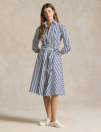 Polo Ralph Lauren Belted Wide Stripe Cotton Shirtdress Blue 30