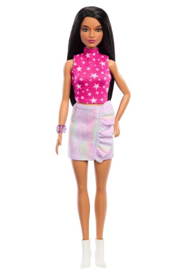 Barbie Fashionistas #215 dukke med svart hår, stjerne topp og iriserende skjørt