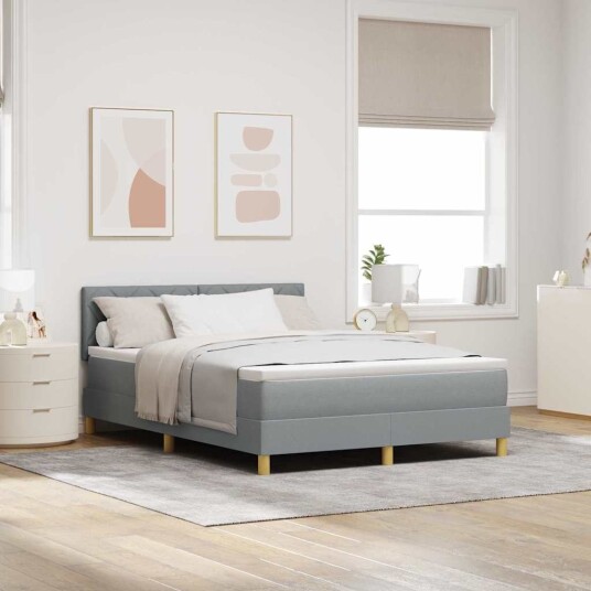 Box Spring Seng med madrass & LED Lys Lysegrå 140x190 cm Stoff Box Spring Seng med madrass & LED Lys Lysegrå 140x190 cm Stoff