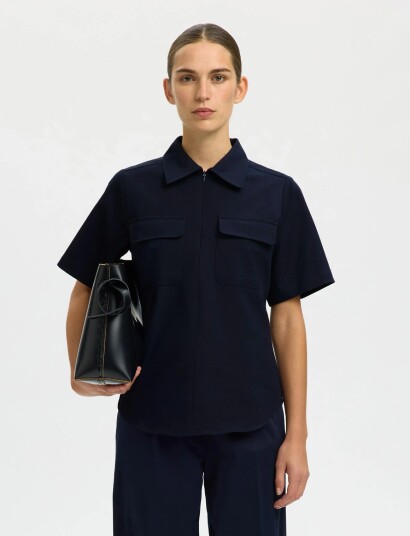 Selected Slftora Slim Ss Zip Shirt B Navy 34