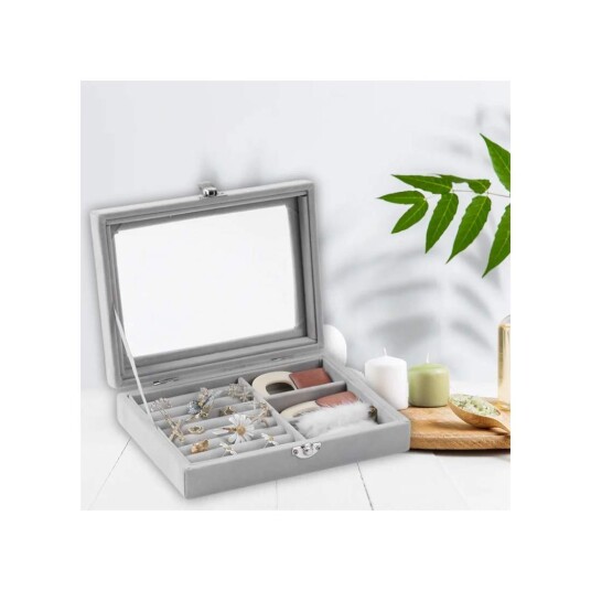 Herzberg Home & Living Herzberg HG 05330: Fløyelssmykkeholder med glasslokk 3 gitter + 7 ringspor
