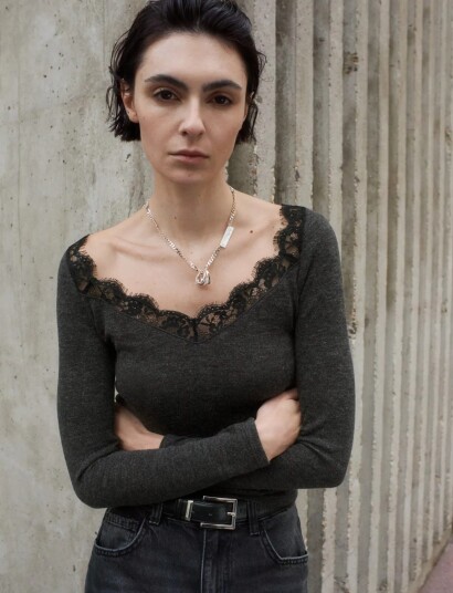 Mango Lace Trimmed Scoop Neck Top Grey M