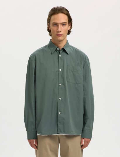 Selected Slhrlxdexter Poplin Logo Ls Shirt   Green   XXL