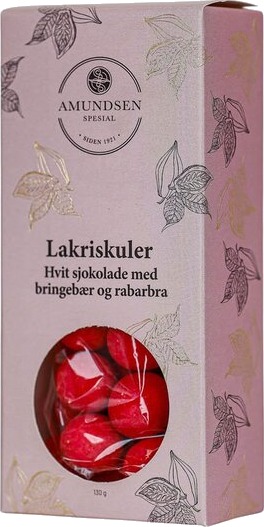 Amundsen Spesial Lakriskuler 130 g hvit sjokolade m/bringebær og rabarbra