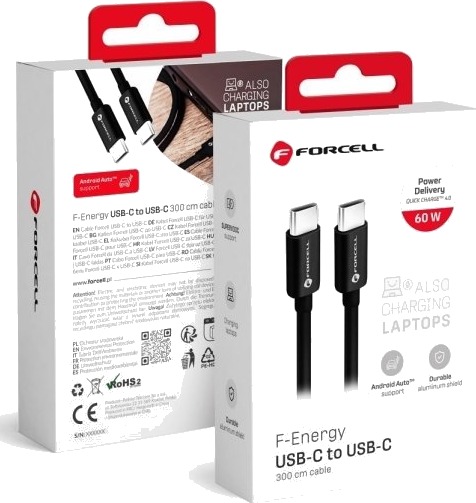 Forcell Usb-C Til Usb-C-Kabel 60W Qc4.0 3A 3 Meter Svart Forcell Usb-C Til Usb-C-Kabel 60W Qc4.0 3A 3 Meter Svart