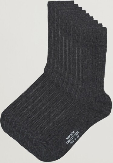 Amanda Christensen 9 Pack True Cotton Ribbed Socks Antracite Melange