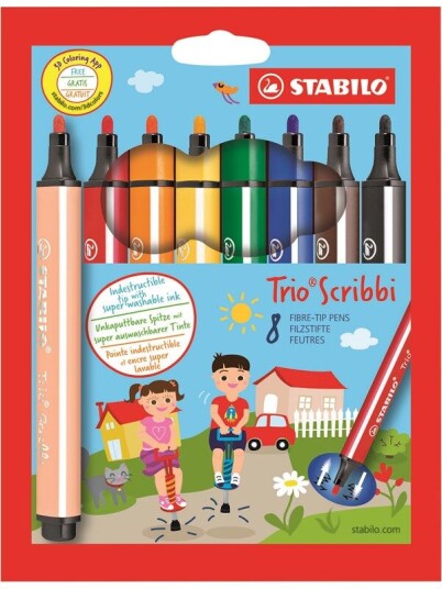 STABILO ® Trio® ScribbiTriangular fibre-tip pen with spring-loaded tip cardboard wallet of 8 pens STABILO ® Trio® ScribbiTriangular fibre-tip pen with spring-loaded tip cardboard wallet of 8 pens