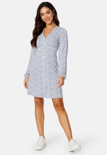 BUBBLEROOM V-neck Short Button Dress Blue/Floral L