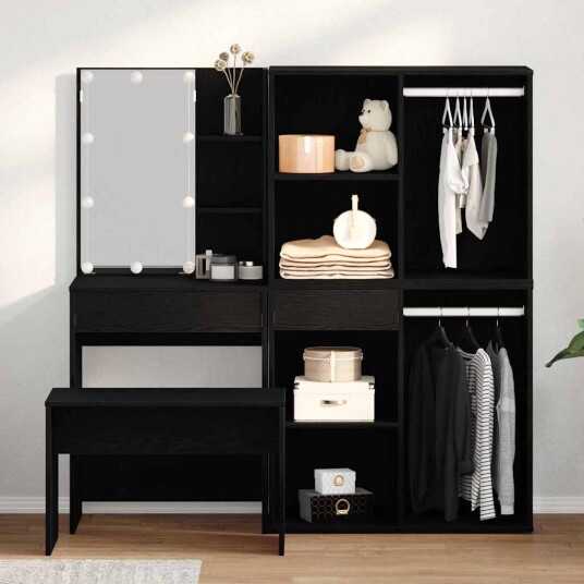 vidaXL Dressingbordsett med LED 4 stk. Svart Eik Konstruert tre