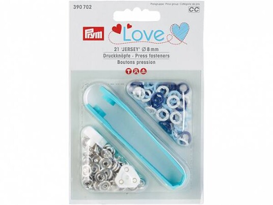 Prym Love Trykknapper ring blå, hvit, lysblå Jersey 8 mm 21 stk Prym Love Trykknapper ring blå, hvit, lysblå Jersey 8 mm 21 stk