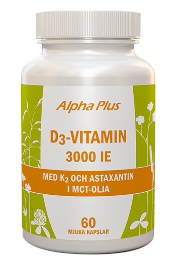 D3 3000IE + K2 og Astaxantin 60 kapsler