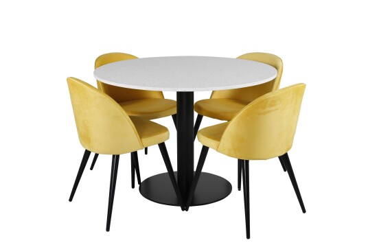 Venture Design Razzia & Velvet spisegruppe Hvit/gul 4 st stoler & bord 106 cm