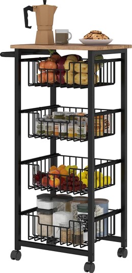 Kjøkkenvogn serveringsvogn med benkeplate, 4 uttrekkbare stålkurver, vogn for kontor, 49,5 x 31 x 91 cm, eik