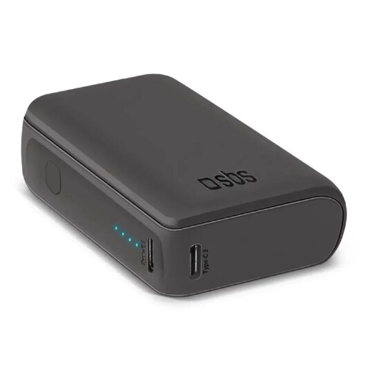 SBS NanoTube Powerbank med USB-A og USB-C 10W - 10.000 mAh - Svart