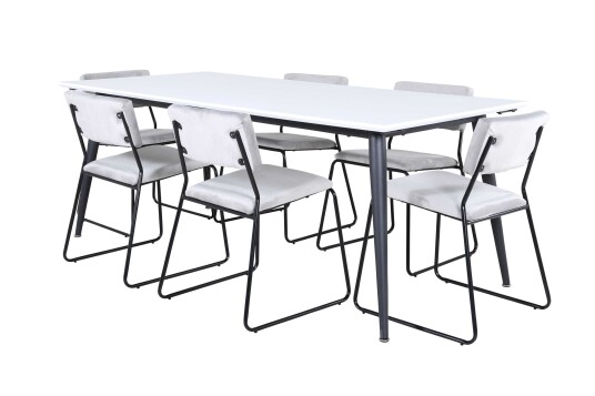 Venture Design Jimmy & Kenth spisegruppe Grå/hvit 6 stoler & bord 195 x 90 cm