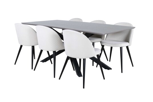 Venture Design Piazza & Velvet spisegruppe Hvit/svart 6 stoler & bord 180 x 90 cm Venture Design Piazza & Velvet spisegruppe Hvit/svart 6 stoler & bord 180 x 90 cm