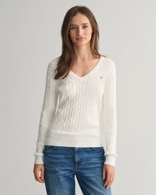 Kabelstrikket bomullsgenser med stretch og v-hals EGGSHELL XL