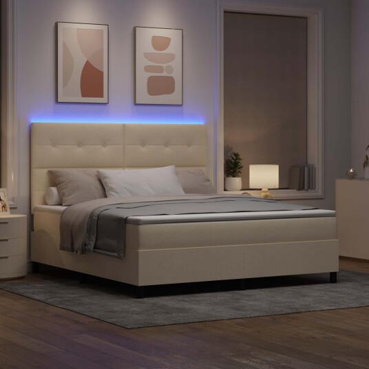 Boksfjær Seng med madrass med LED Krem 180 x 200 cm stoff Boksfjær Seng med madrass med LED Krem 180 x 200 cm stoff