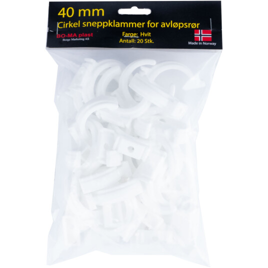 RØRKLAMMER 40 MM HVIT PLAST 20PK.