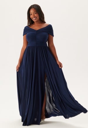 Goddiva Curve Bardot Rouched Maxi With Split Navy 44 UK16