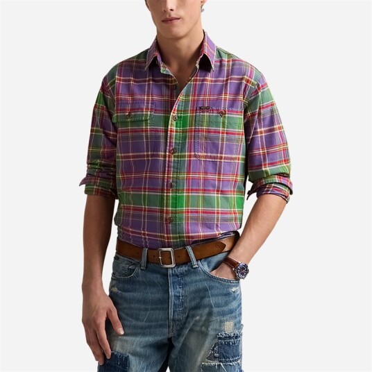 Custom Fit Plaid Oxford Shirt Purple Green Multi