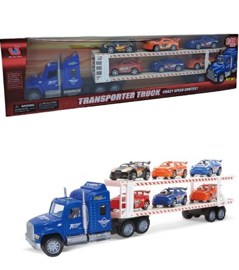 Friksjonsdrevet transporter lastebil i blå med 6 lekebiler 57 cm lang