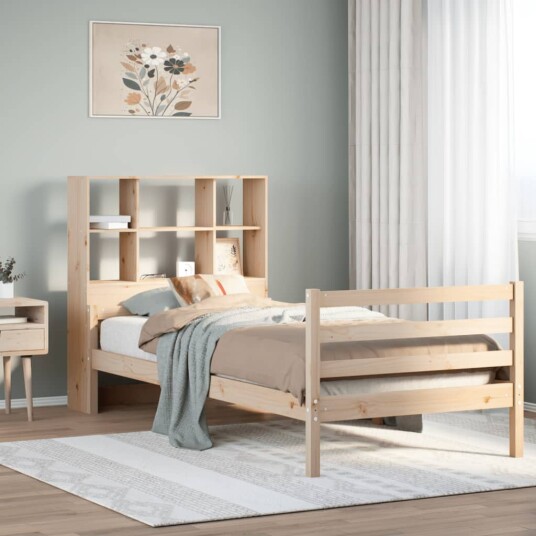 Seng med bokhylle uten madrass 100x200 cm heltre furu 8721158610201