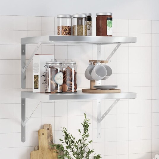 Vegghyller 2 stk 50x40x3 cm sølv rustfritt stål Vegghyller 2 stk 50x40x3 cm sølv rustfritt stål