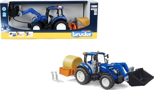 Bruder New Holland T5.120 Med Slip-On Frontlæsser Tømningskasse Og Gafler.