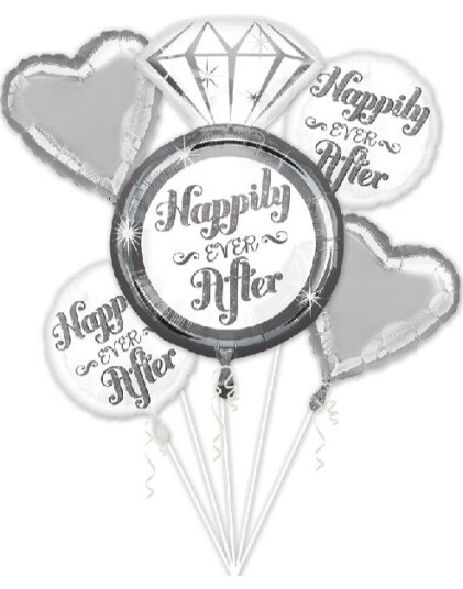Happily Ever After Sølvfarget Ballongbukett med 5 Folieballonger
