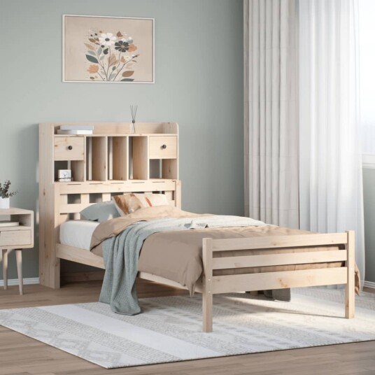 Seng med bokhylle uten madrass 75x190 cm heltre furu 8721158610348